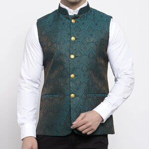 Banarasi Rayon Cotton Green Modi Nehru Jacket